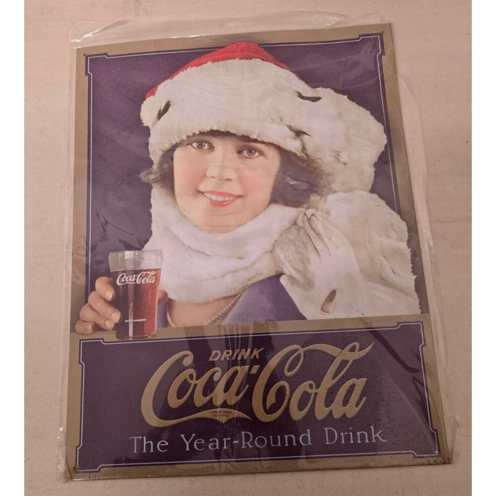 16" Metal Coca-Cola Coke Christmas Wall Art Woman Wearing Santa Hat